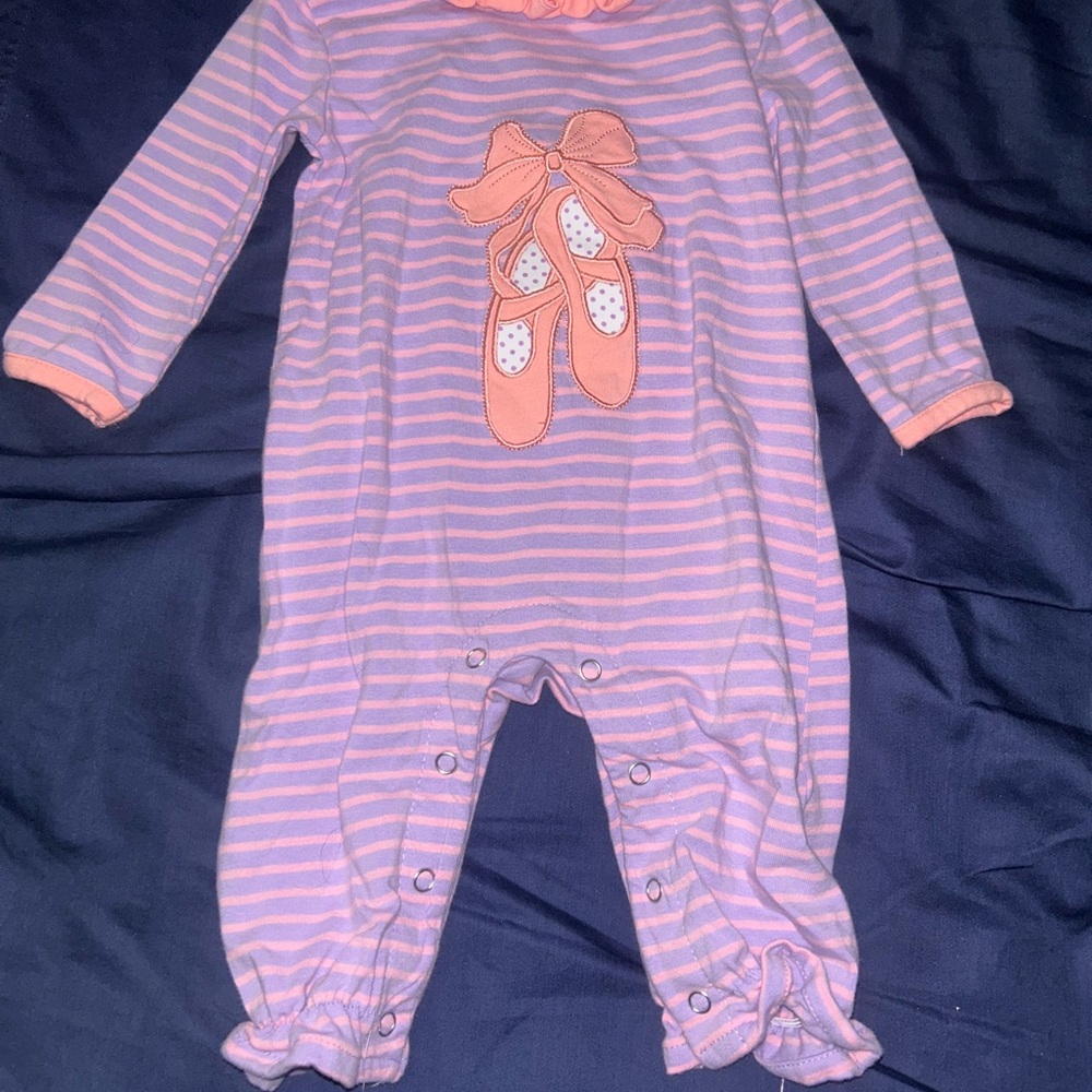 Striped Pink & Lavender Baby Footie with Ballet Slipper Applique